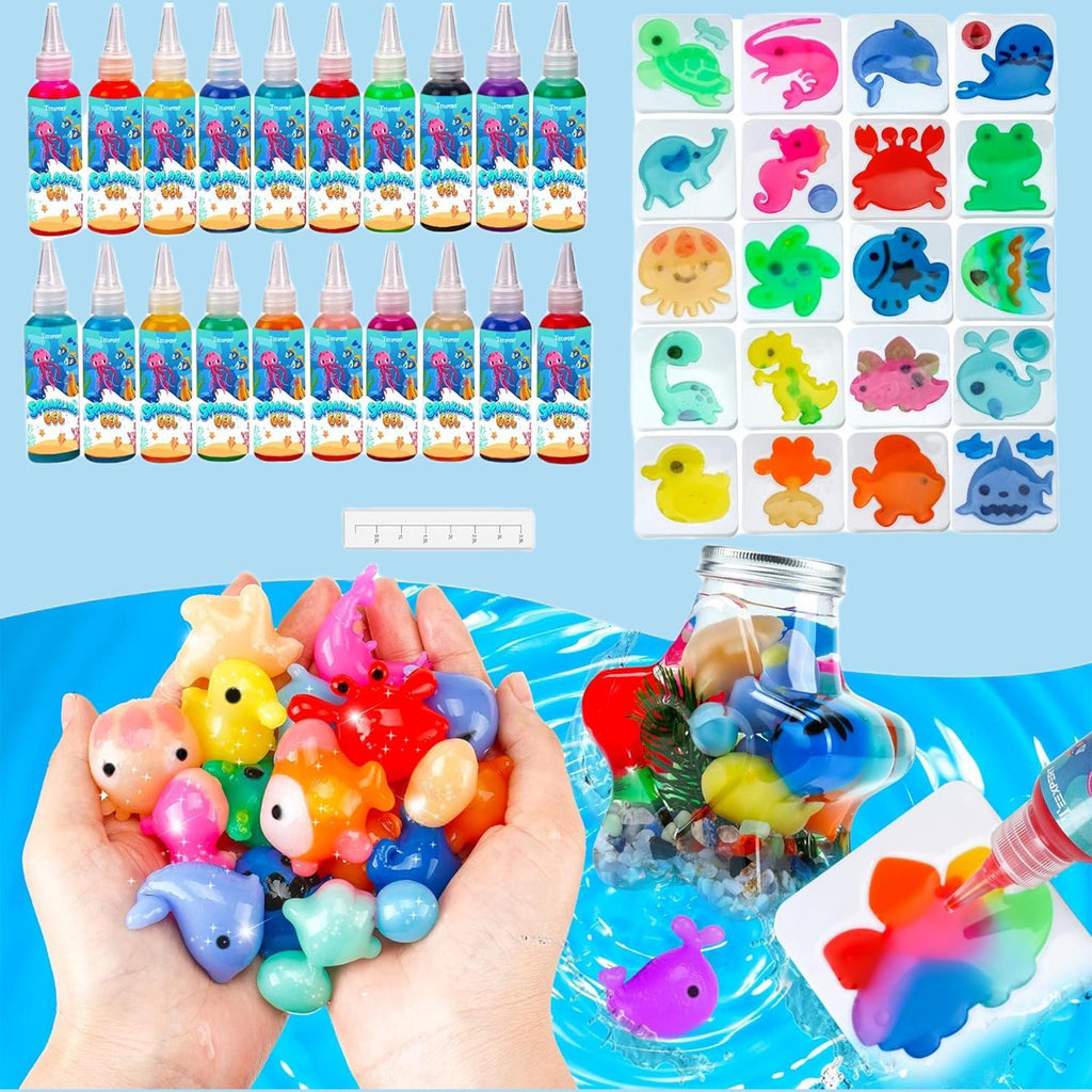 Kids DIY Soft Rubber Pet Craft Kit: 20 Gel Toys & 5 Molds - Creative Sensory Activity Set - Perfect Birthday Party Gift for Children