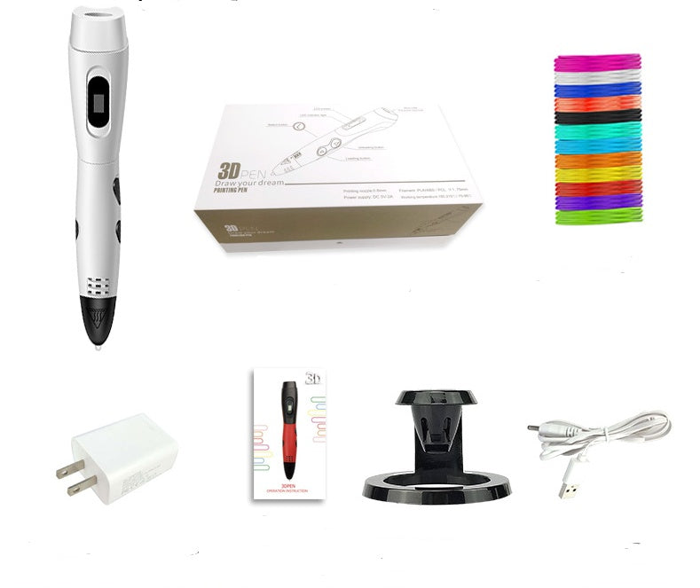 3D pen set with accessories including pen, charger, packaging, and colorful filament on a white background