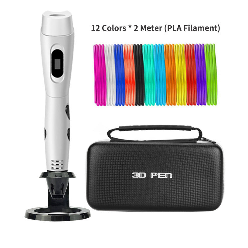 3D pen with a black carrying case and colorful filament on a white background